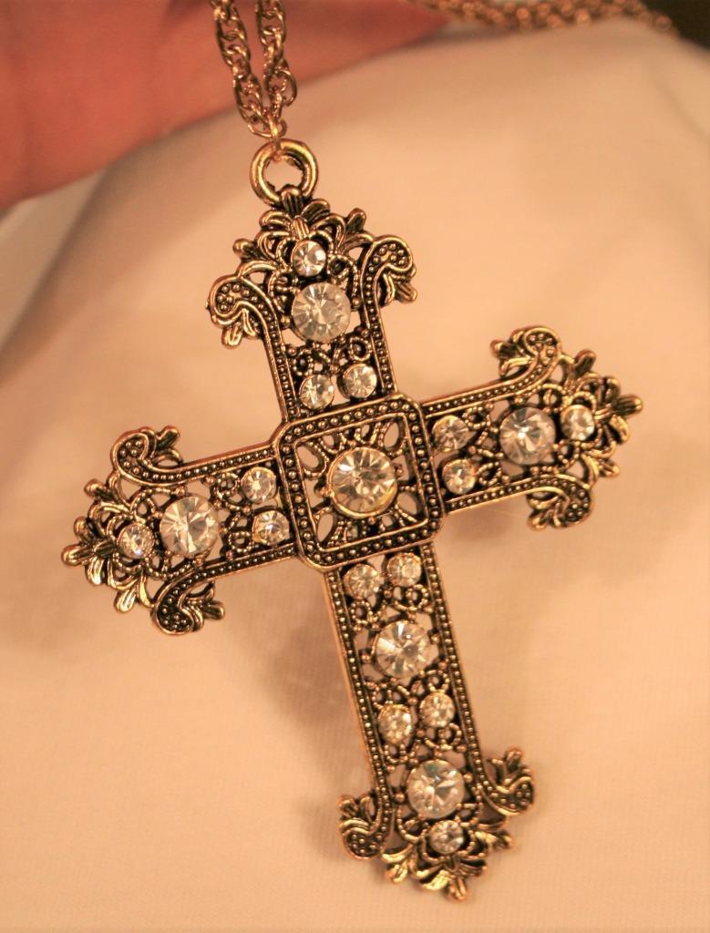 Lacy Large Goldtone Sparkling White Rhinestone Pectoral Cross Pendant Necklace