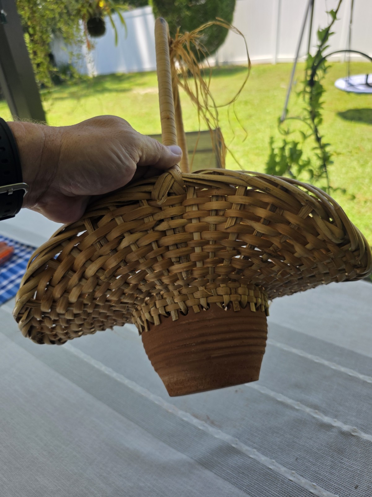 Handmade Woven Basket Planter Terracotta Clay Pot Hanging HandleRustic Decor