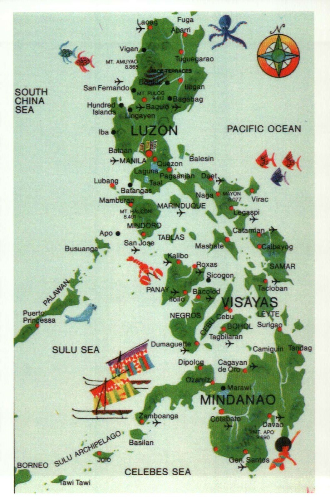 Map of the Philippines, Quezon, Manila, South China Sea, Pacific etc. - Postcard
