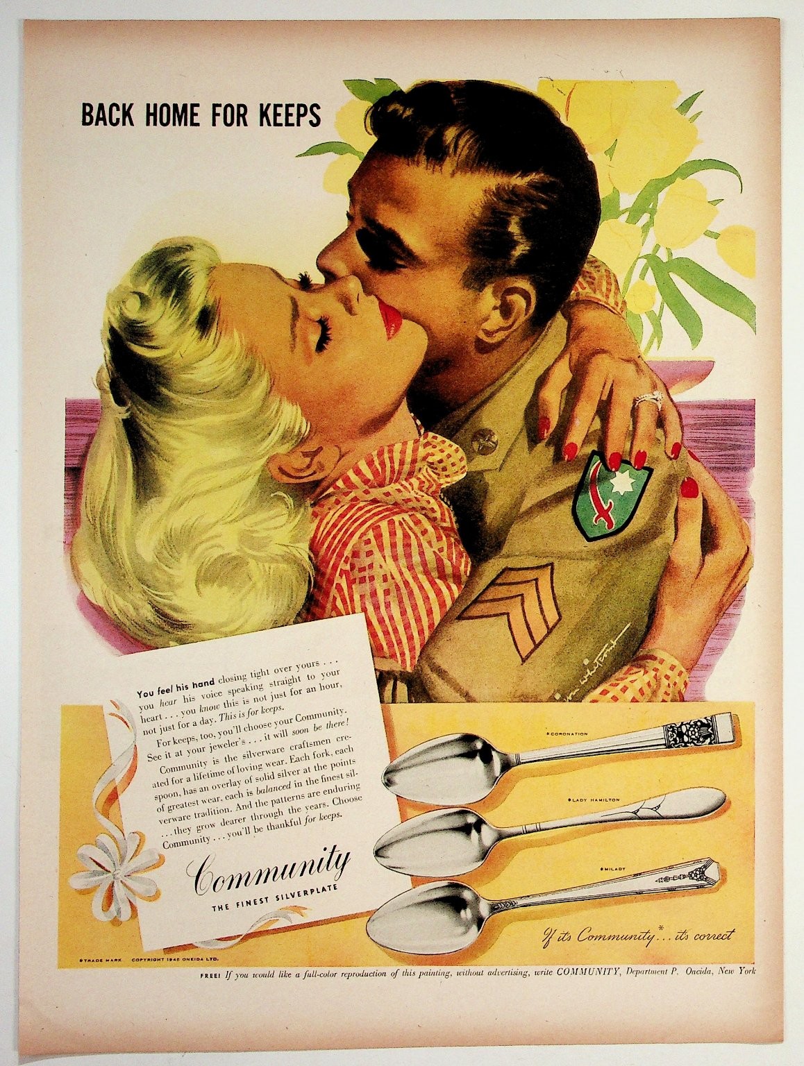 1947 Community Silverplate Ad Soldier Kissing Woman WWII Era Home For Keeps