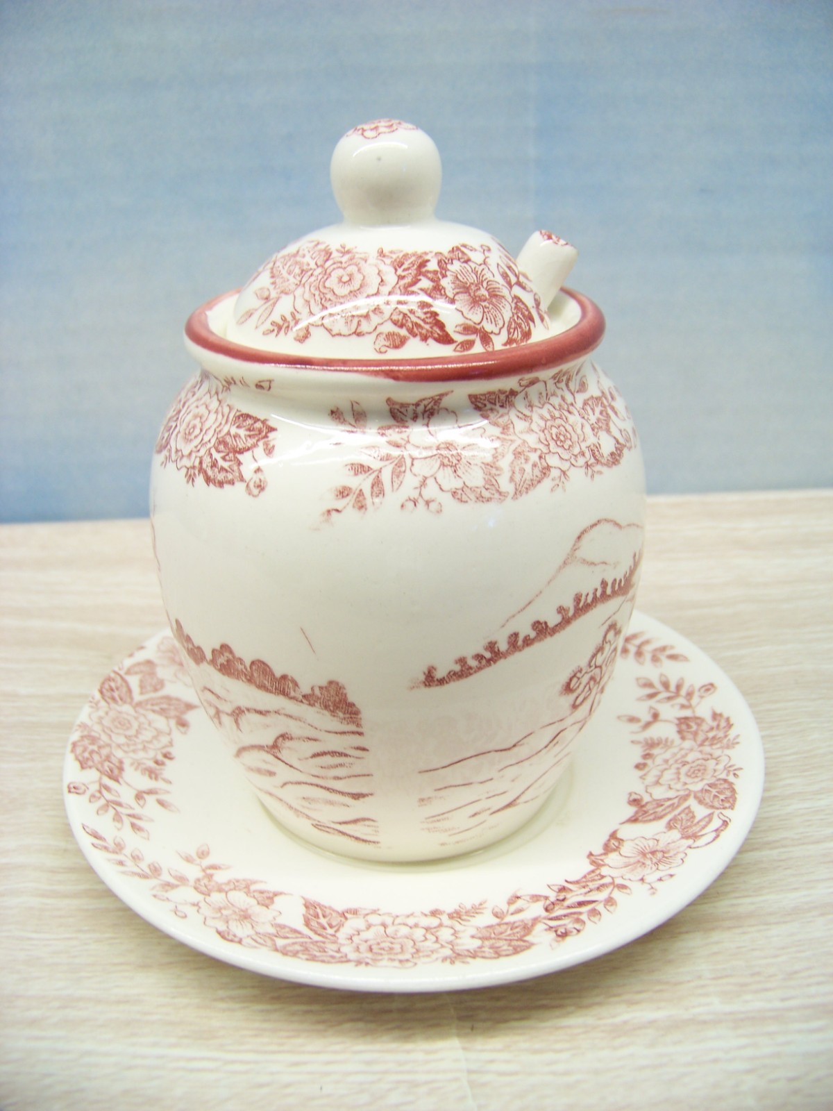 Honey Pot - Red & White Transferware - Three Pieces - Nasco?