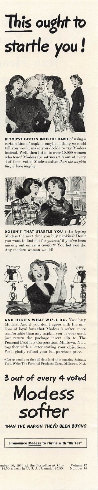 Modess Feminine Napkin Ad 1940s Vintage Mid Century Bathroom Wall Art Decor 1942
