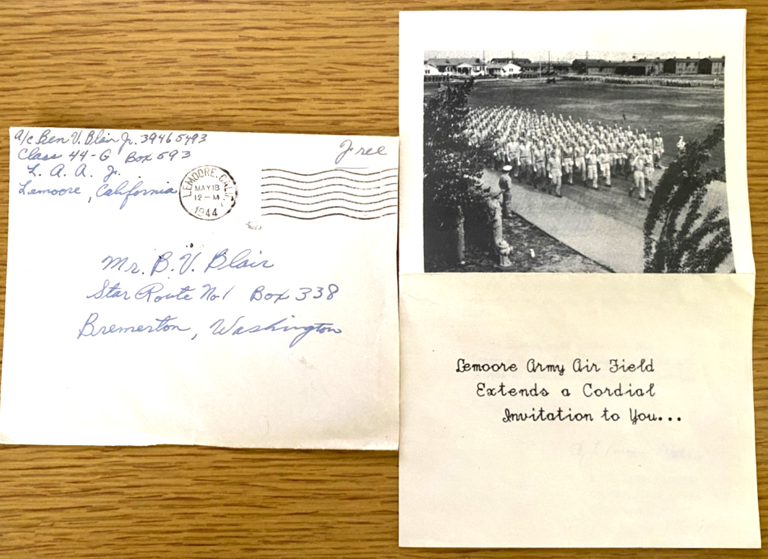 1944 WWII LEMOORE ARMY AIR FIELD, CALIFORNIA naval cadets graduation invitation