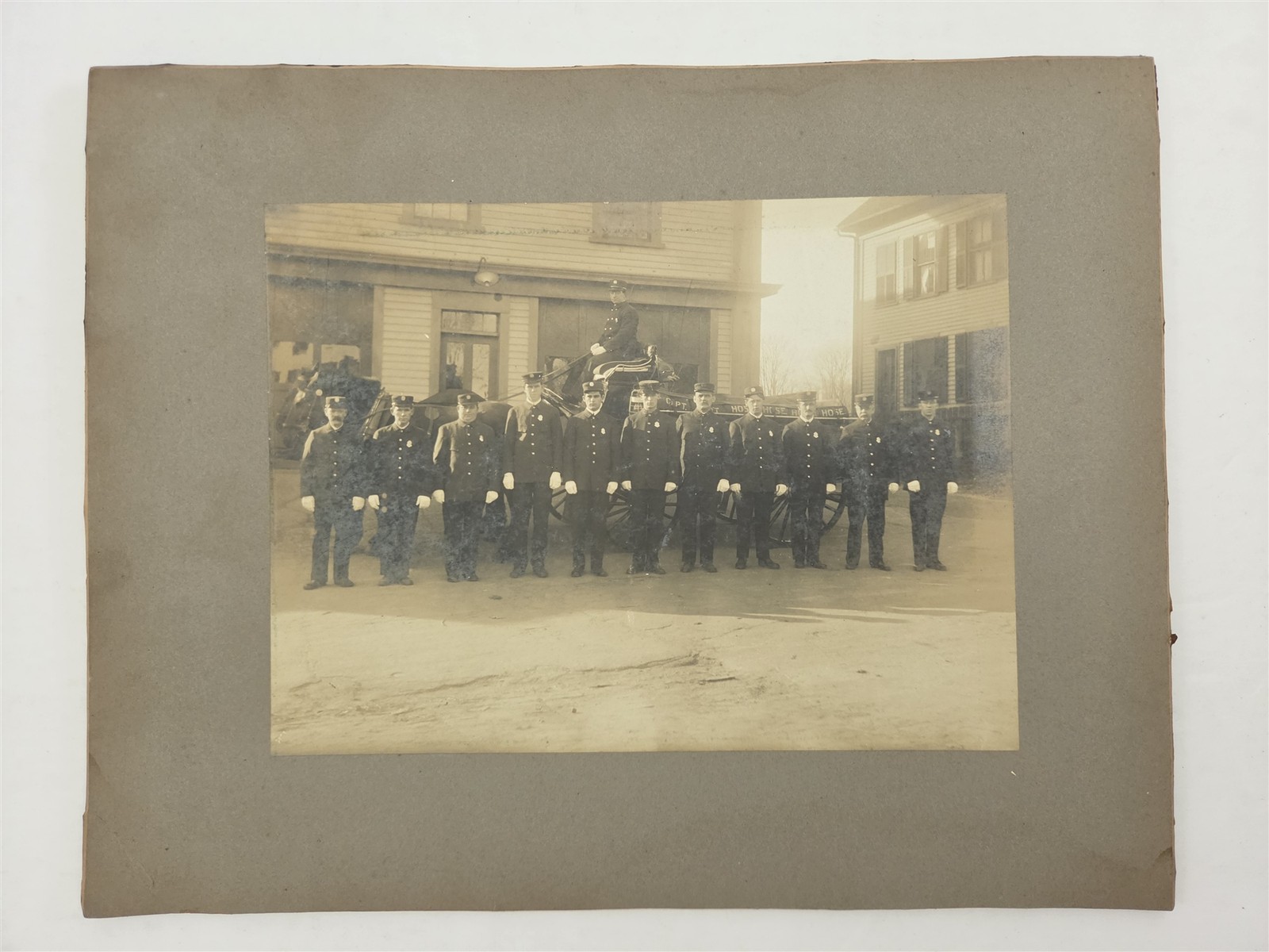 c1910 antique FIRE DEPARTMENT HORSE DRAWN ENGINE PHOTO firemen fire house 9x12