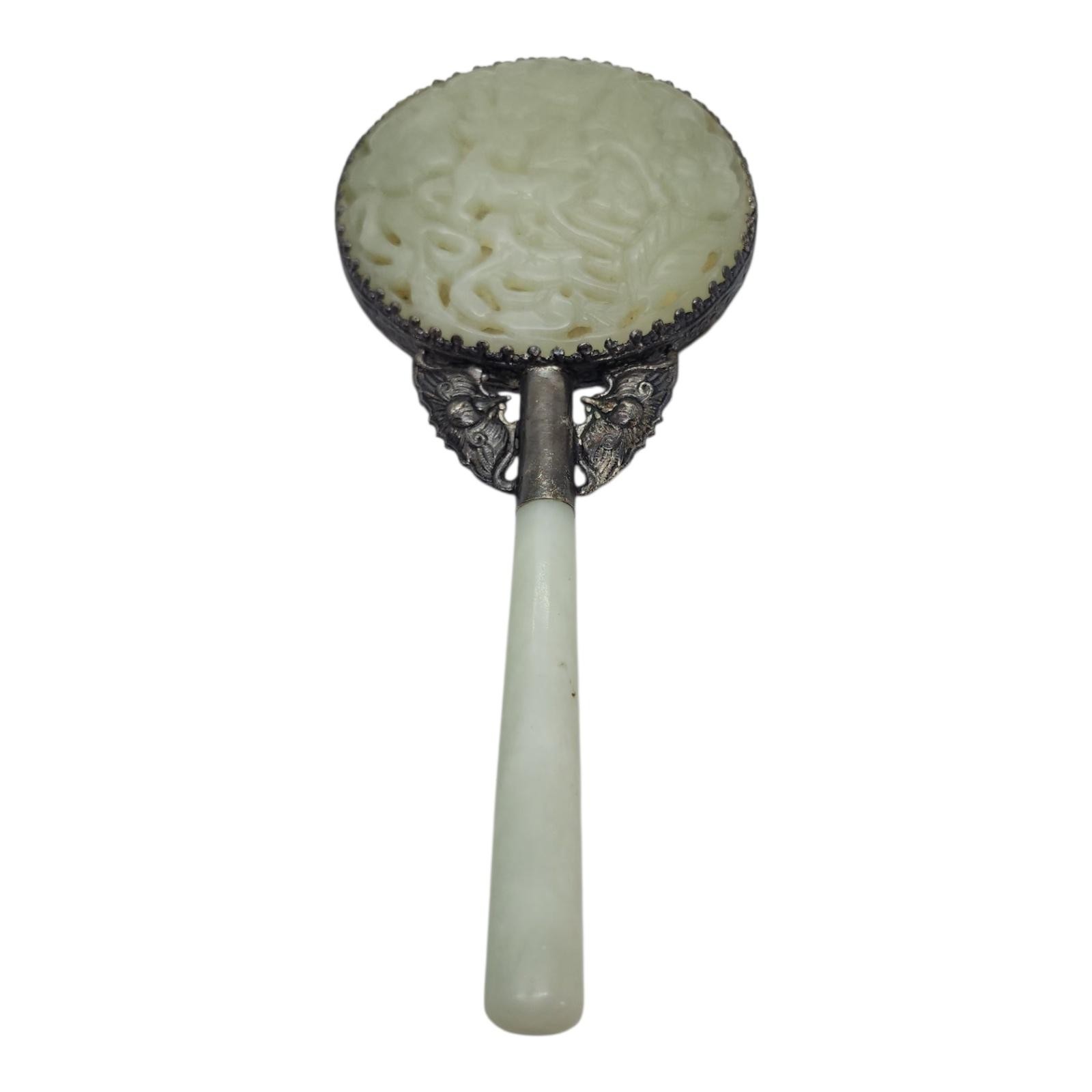 Antique Nephrite Jade Sterling Silver Hand Mirror Celadon Carved Floral Vanity