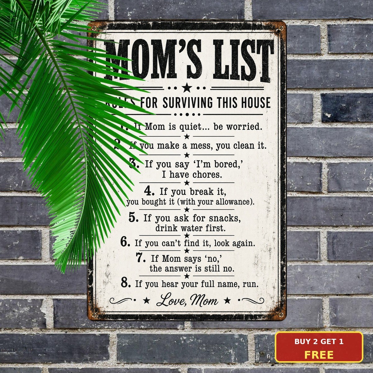 Funny Mom\'s Rules Kitchen Checklist Mother Gift Metal Tin Sign Wall Art