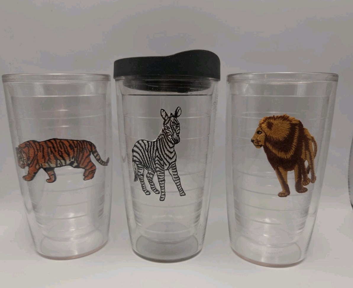 3 Vintage Tervis Tumblers Wild Safari Animal Collection 16 Oz W Lid Lion Tiger