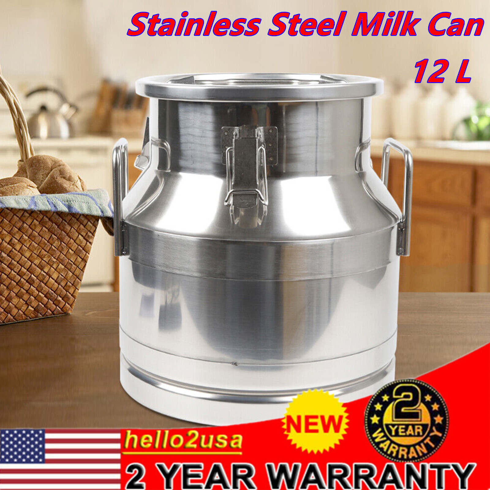 12L/5.25 Gallon Stainless Steel Milk Can Wine Pail Boiler Tote Jug w/ Lid