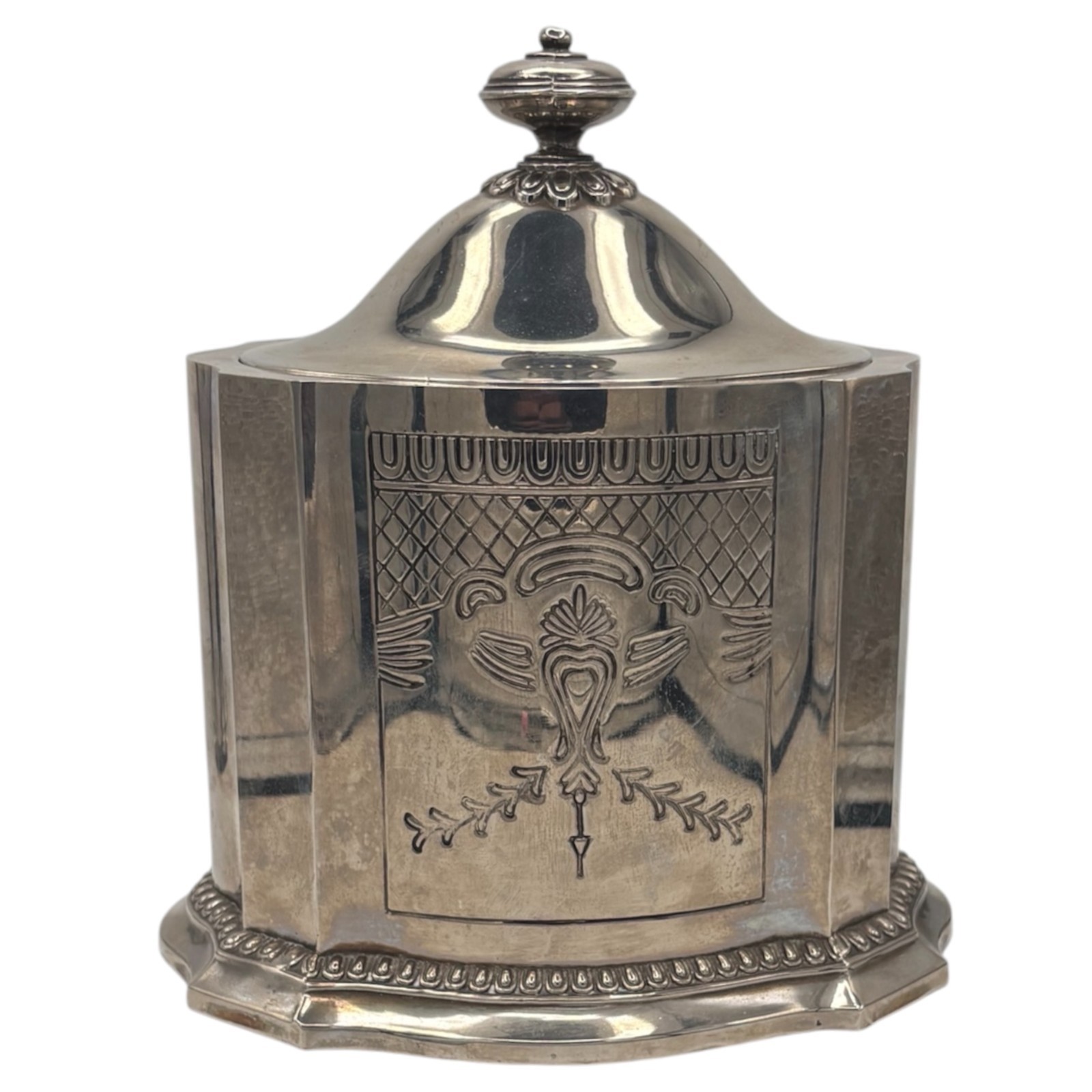 Vtg Godinger Silver Tone Tea Caddy Biscuit Box 1991 Domed Lid Art Deco
