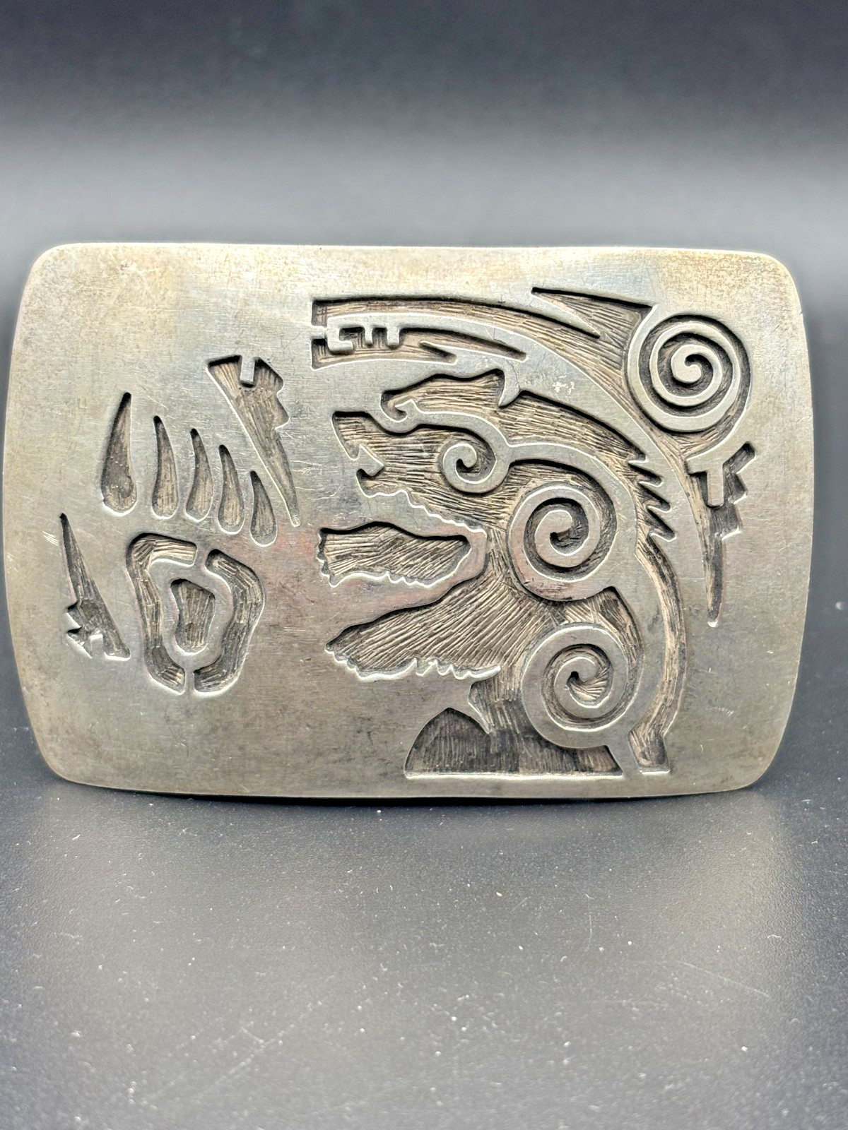 Vintage Sterling Silver Southwestern Bear Belt Buckle 44.88g W/Starburst Mark
