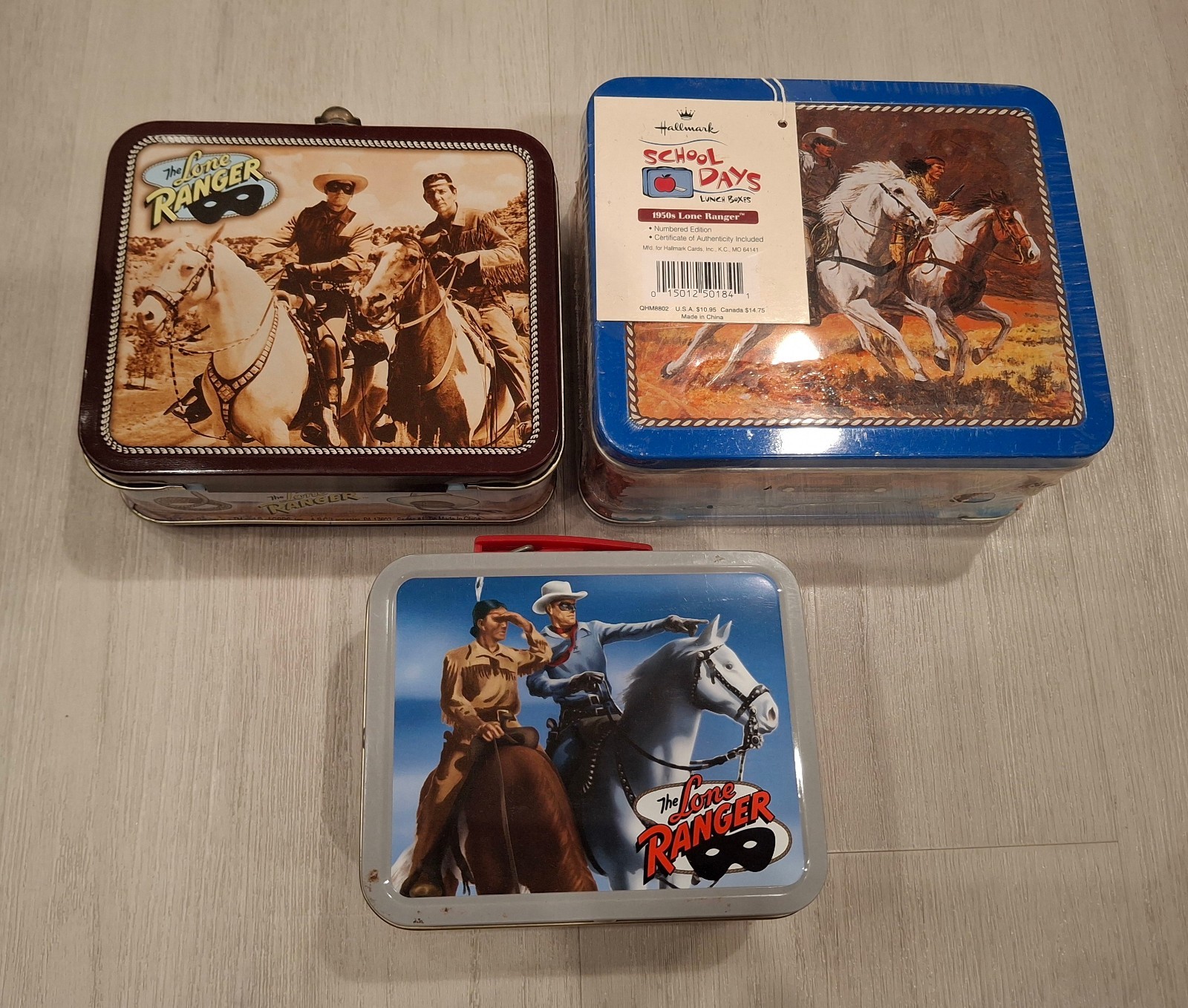 LOT OF (3) THE LONE RANGER METAL LUNCHBOXES: Lone Ranger & Tonto BLACK BLUE GRAY LOT OF (3) THE LONE RANGER METAL LUNCHBOXES: Lone Ranger & Tonto BLACK BLUE GRAY