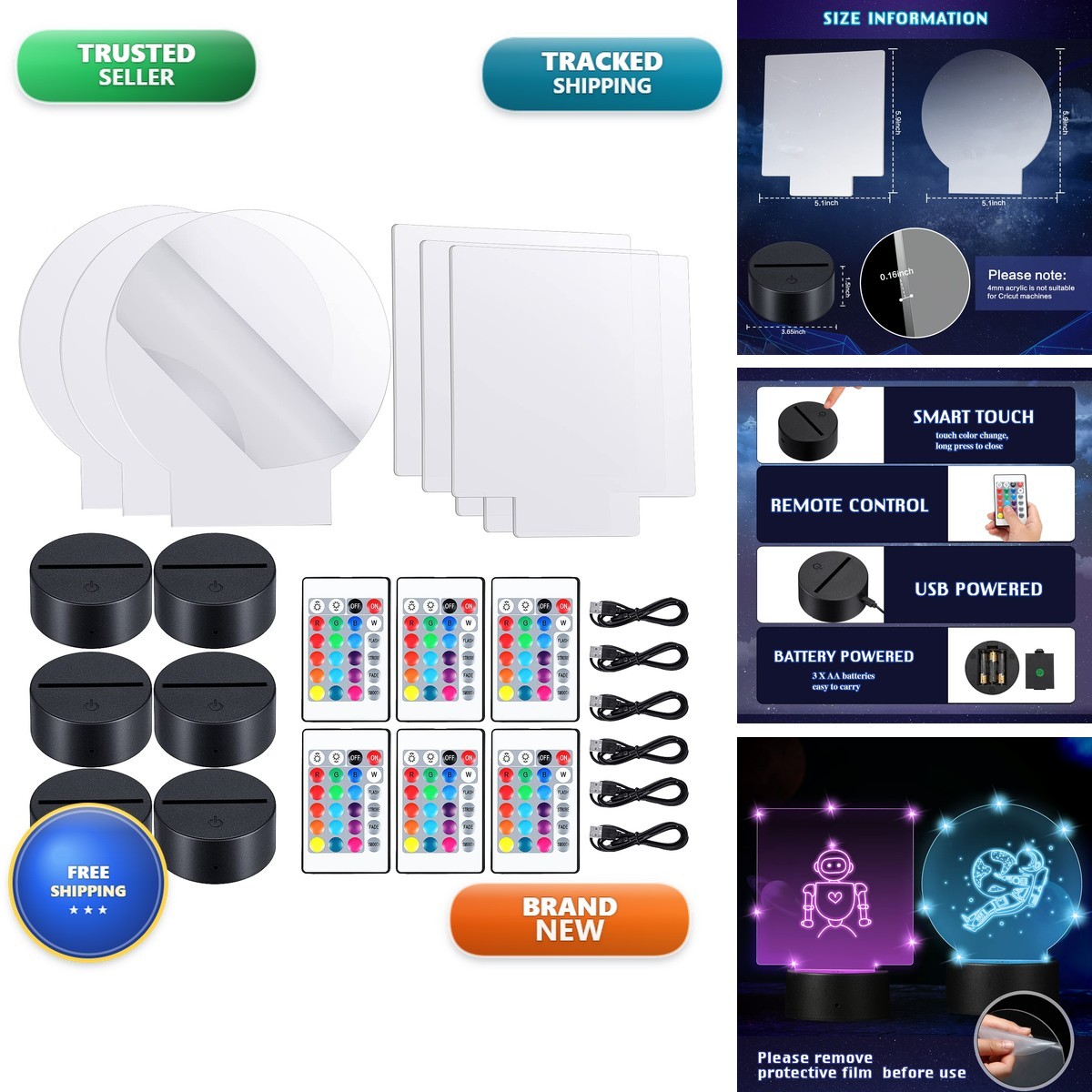 Honoson 6 Sets 3D Night LED Lamp Base Clear Acrylic Remote USB Round Square