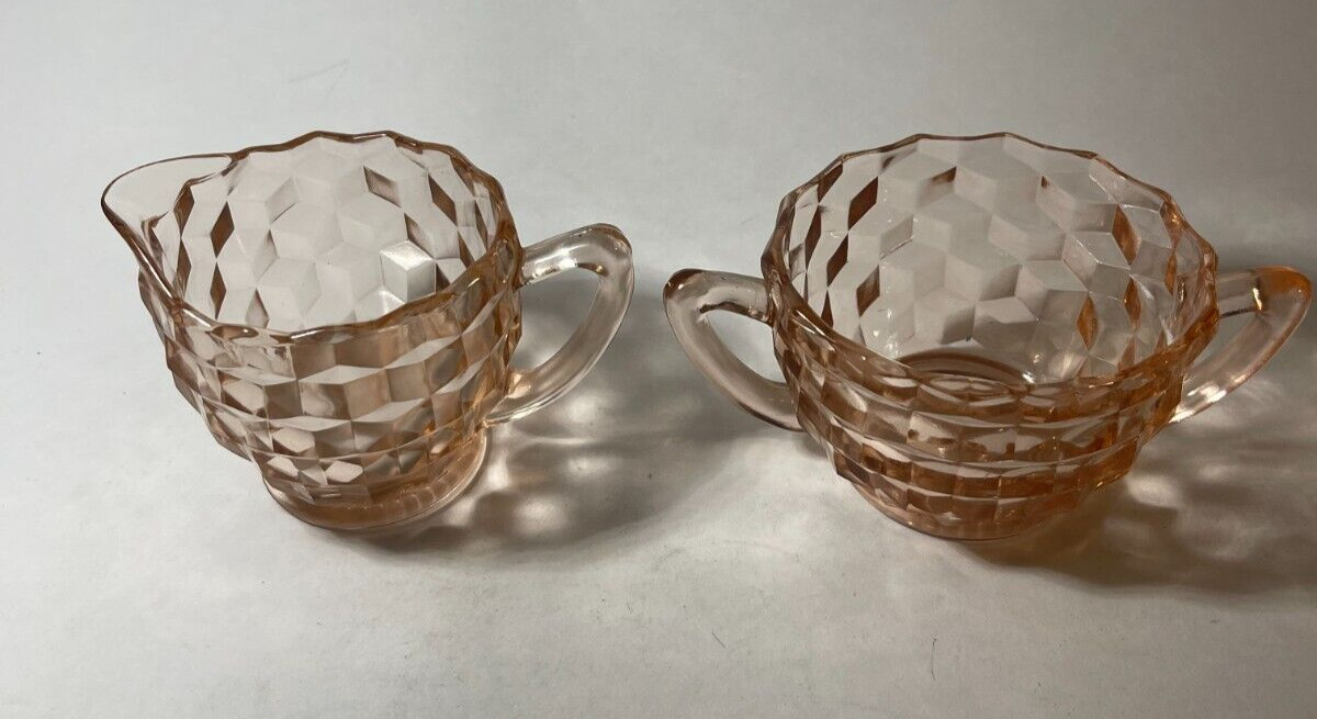 Jeannette Pink depression glass cream and sugar, 3.5x2.5\