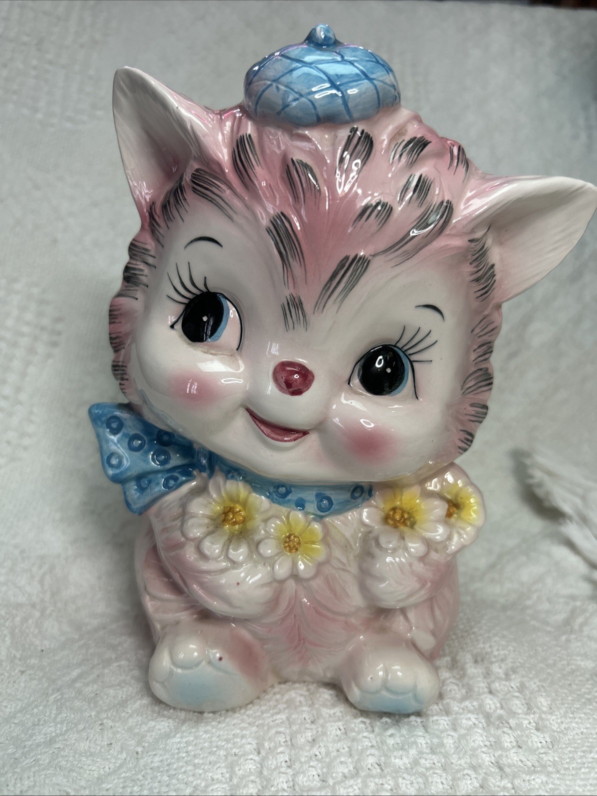Vintage Brinns Pink Cat/ Kitten Planter Rare Eyelashes Proud Japan Blue Bonnet