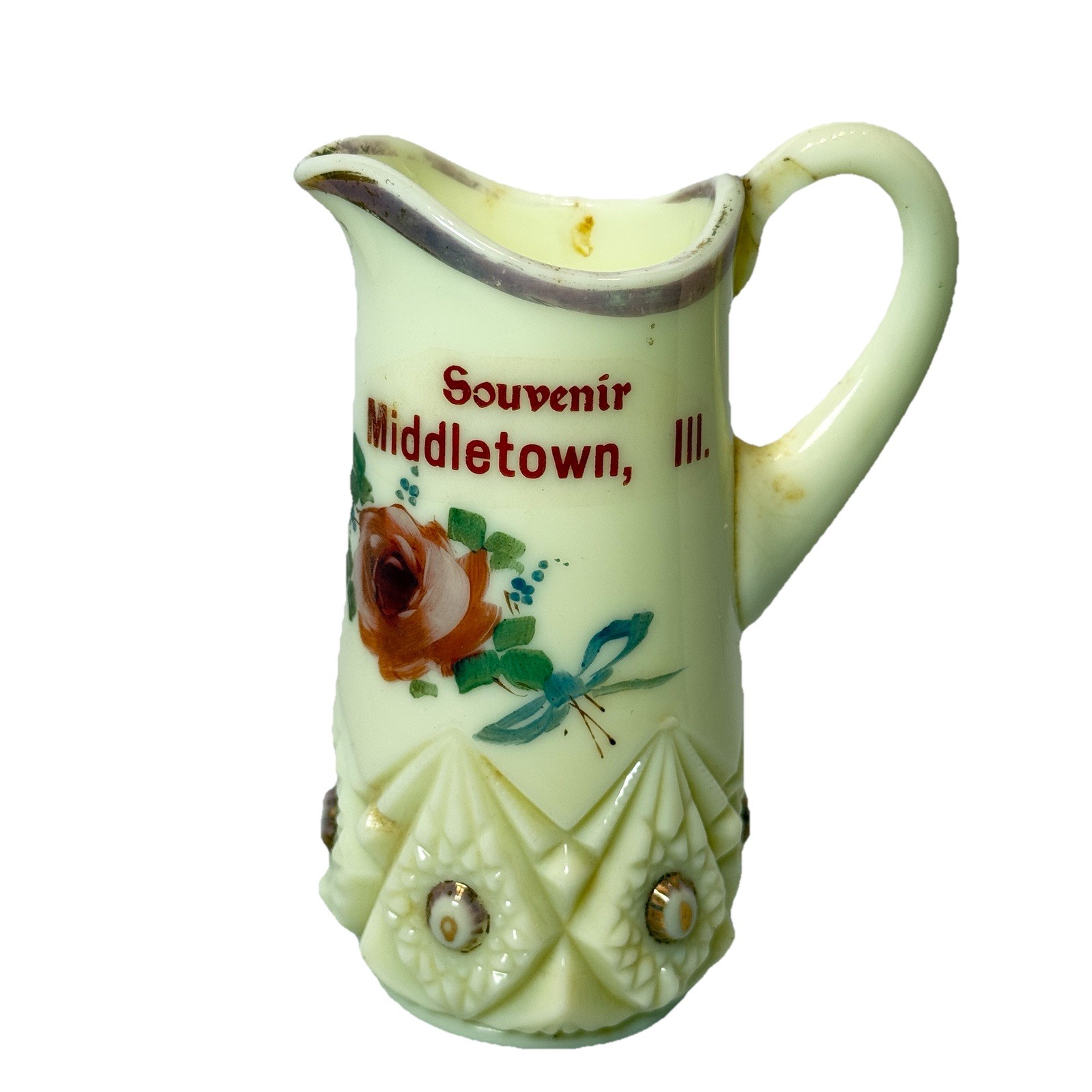 MIDDLETOWN, ILLINOIS IL Uranium Antique Custard Glass Souvenir Pitcher Creamer MIDDLETOWN, ILLINOIS IL Uranium Antique Custard Glass Souvenir Pitcher Creamer