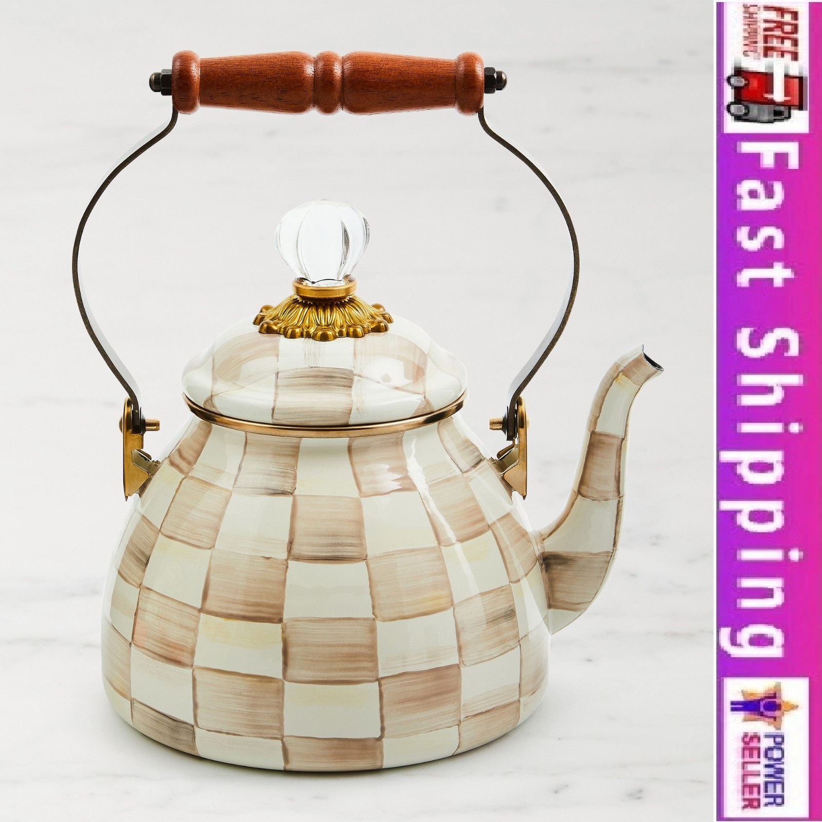 MacKenzie-Childs Mocha Check Tea Kettle 3 Qt, Authentic, Stock US-No Import Fees MacKenzie-Childs Mocha Check Tea Kettle 3 Qt, Authentic, Stock US-No Import Fees