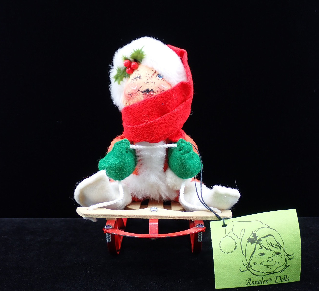 Vintage Annalee Mobilitee Doll Girl on Sled Tag Red & Green '87 1957/1981 #8010
