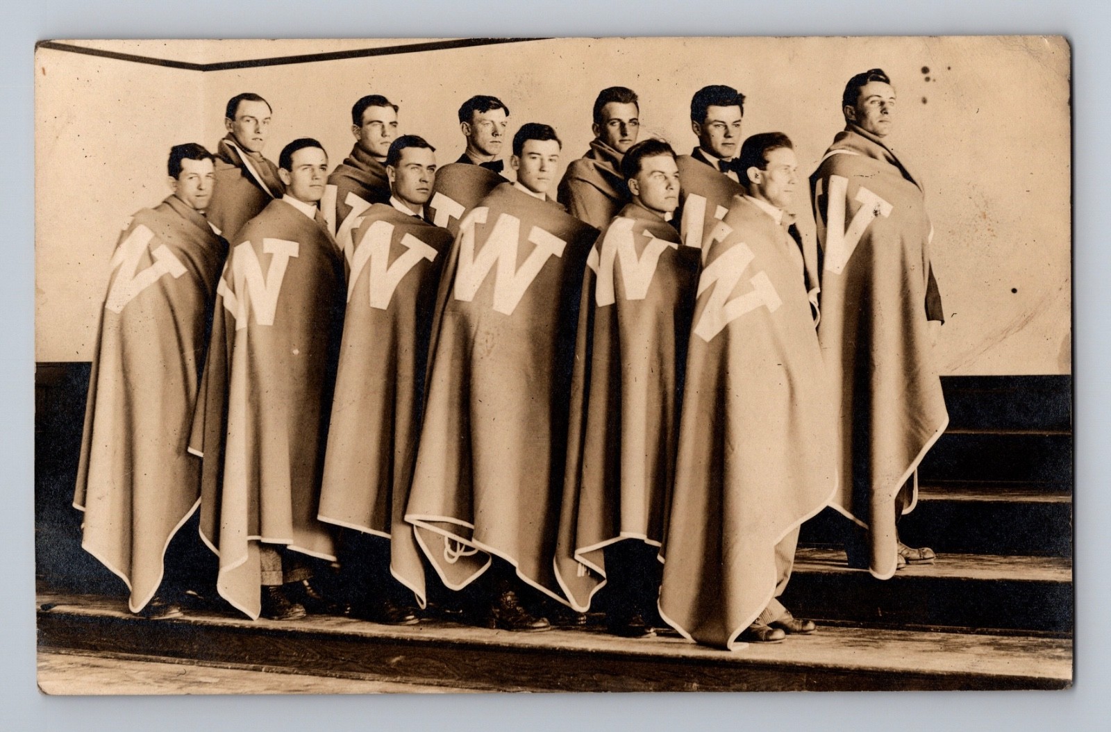 Wesleyan Men’s Baseball Team Photo Cloak Blanket “W” Postcard RPPC c1915 Ohio