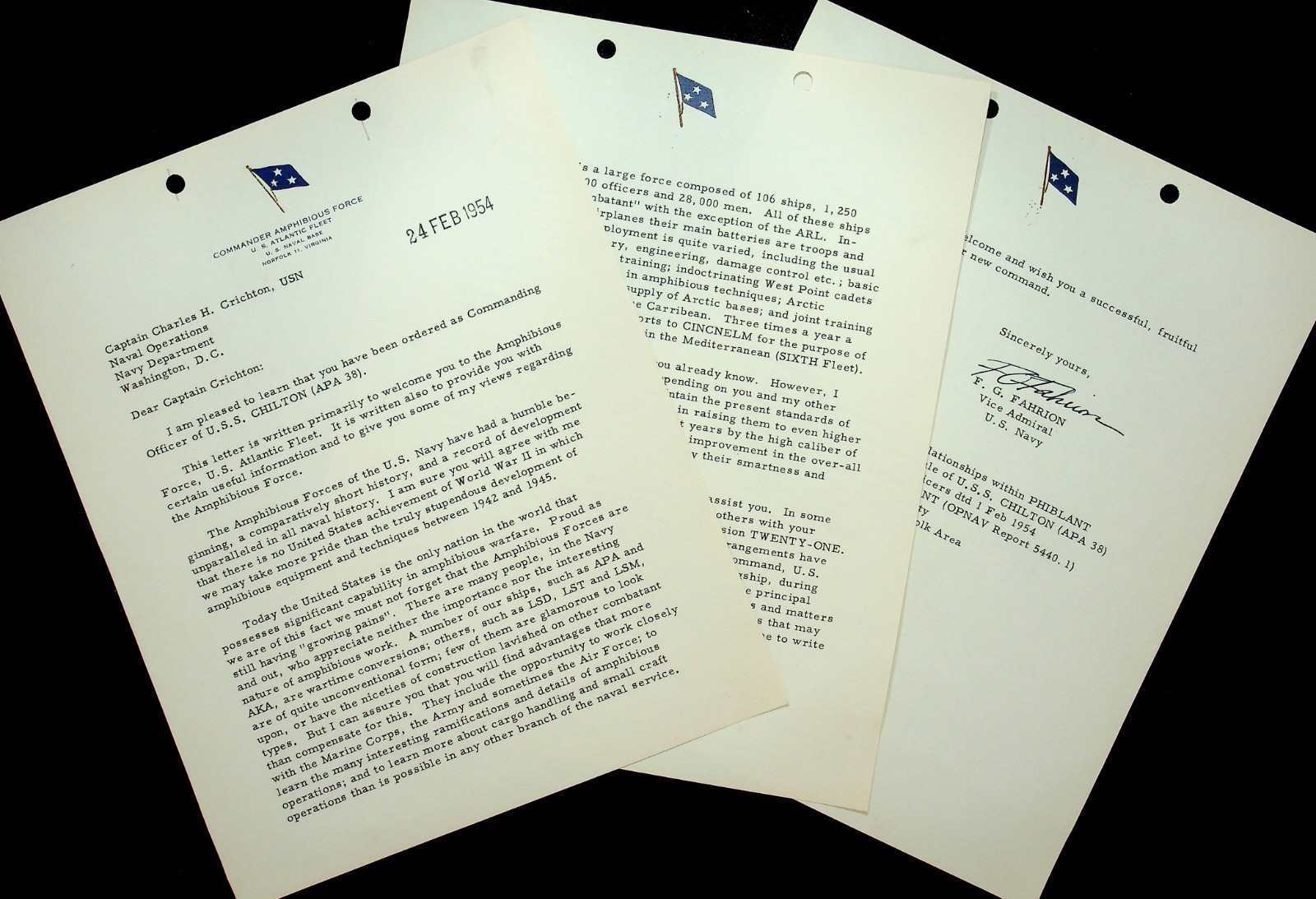 1954 F.G. Fahrion Vice Admiral Navy Signed Letter New C.O. Of U.S.S. Chilton-E5L