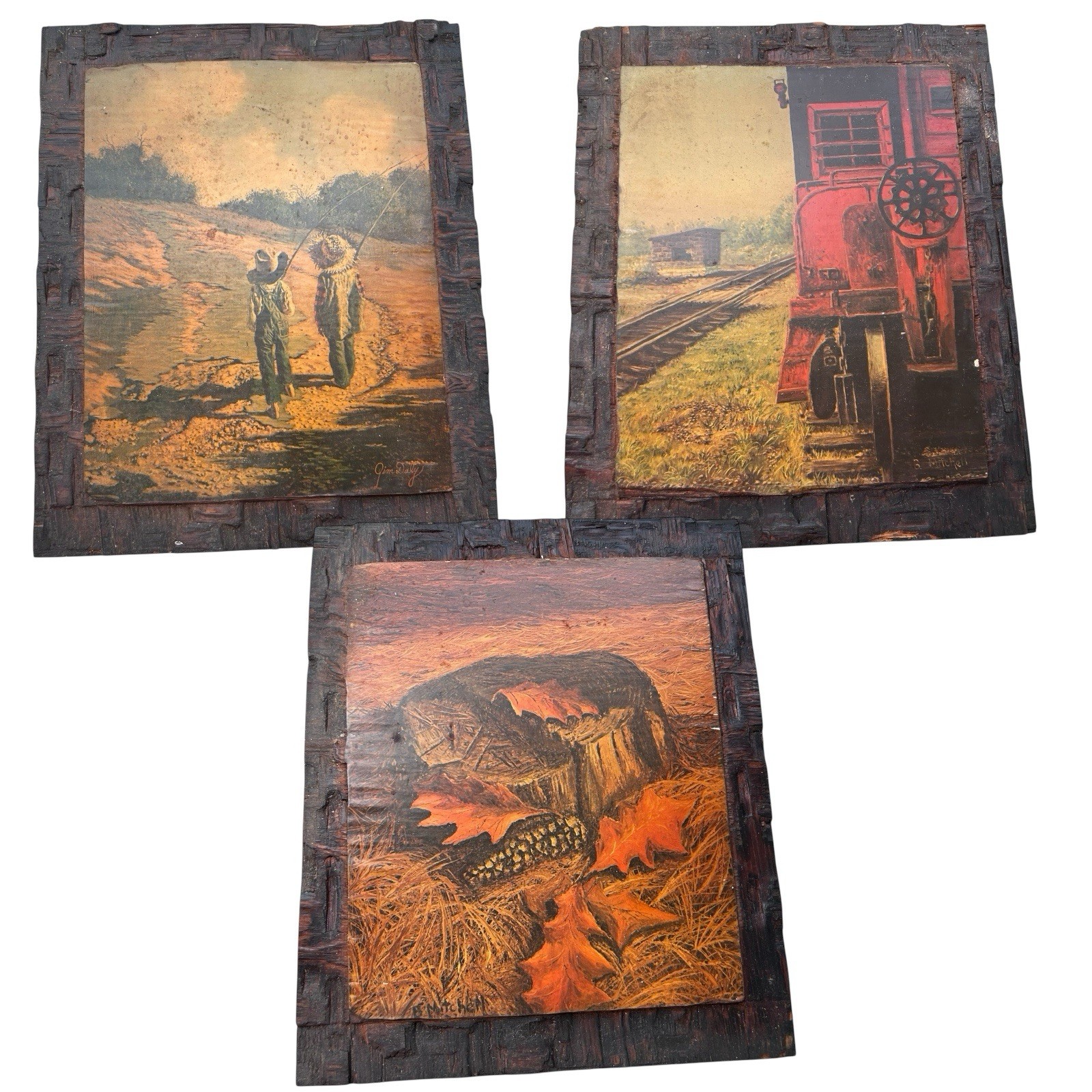 Vintage Rustic Wall Art Set of 3 Nature Farm Train Scenes Wood Plank Prints