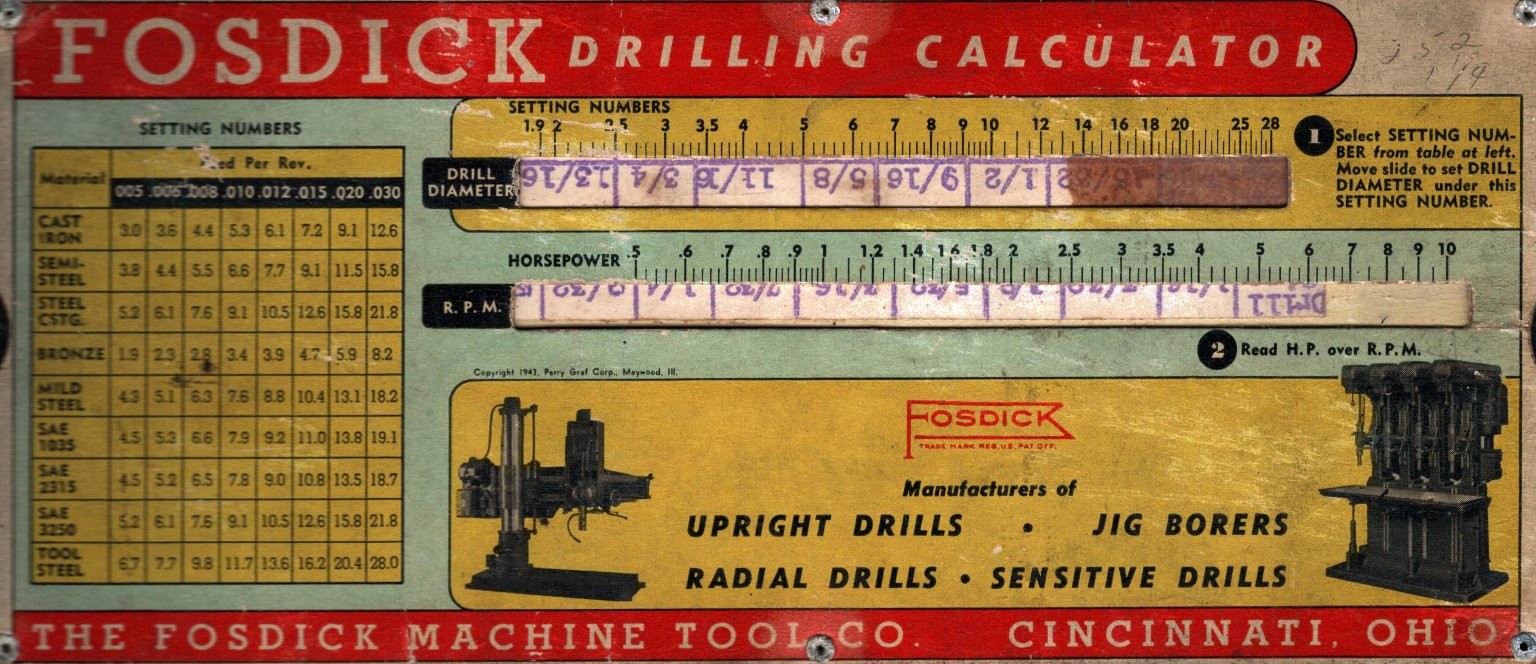 1943 Fosdick Drilling Calculator Slide Rule Cincinnati Ohio Machine Tool 9x3