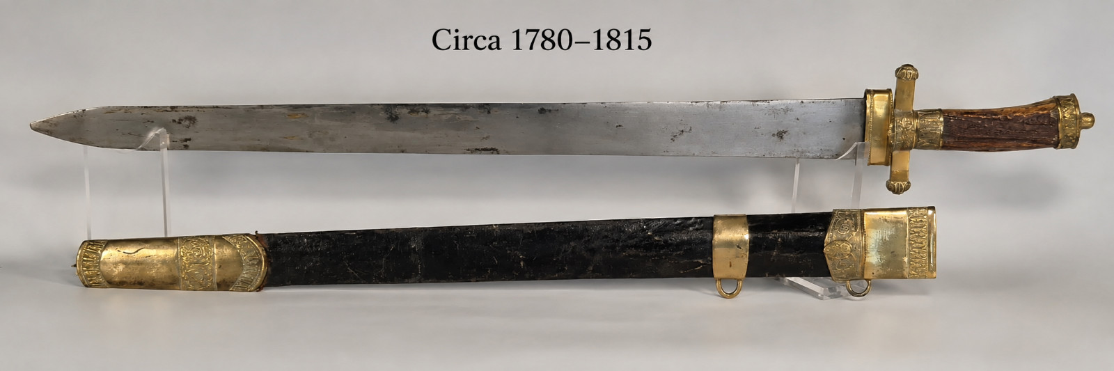 18th C German Hirschfänger Hunting Sword Stag Grip Brass Hilt Scabbard c1780