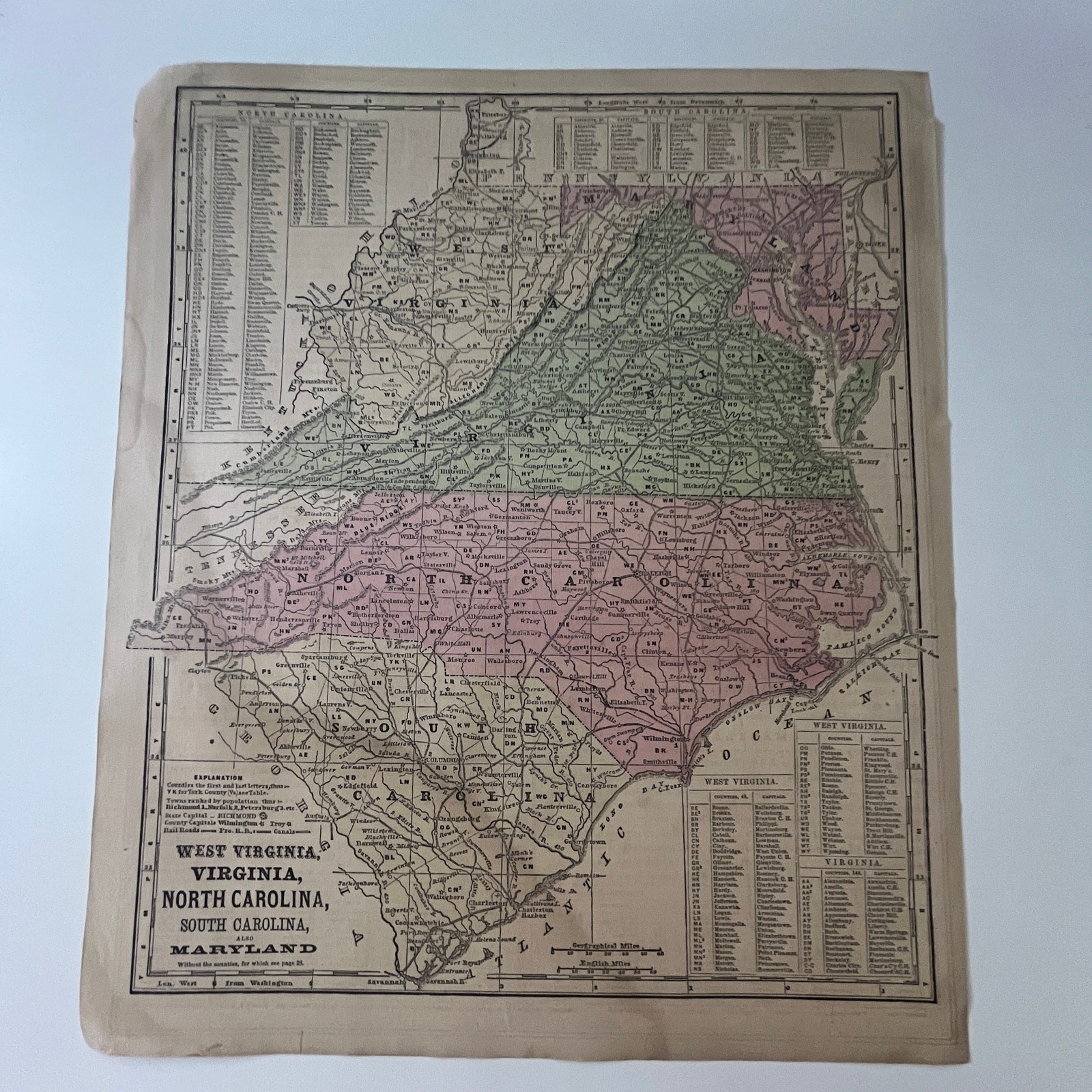 West Virginia, Virginia, North And South Carolina 1866 Original Atlas Map SV27-4 West Virginia, Virginia, North And South Carolina 1866 Original Atlas Map SV27-4