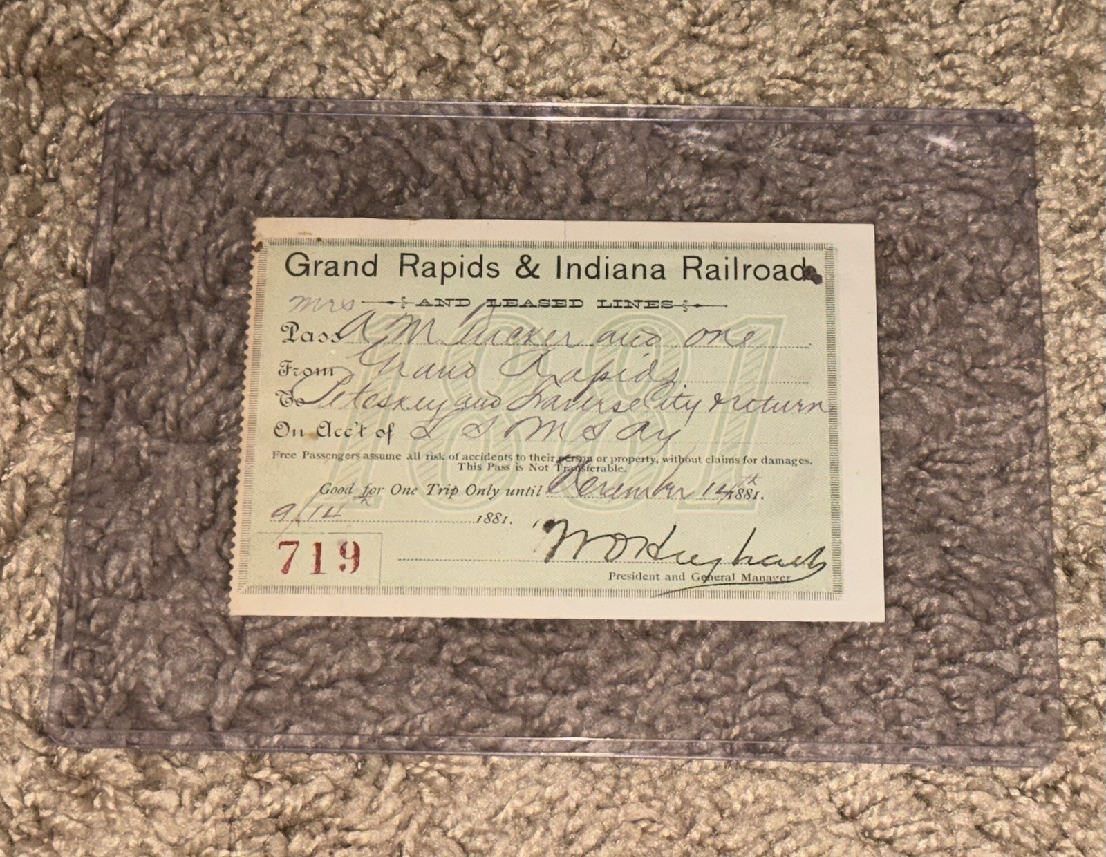 1881 Grand Rapids & Indiana Railroad pass 1881 Grand Rapids & Indiana Railroad pass