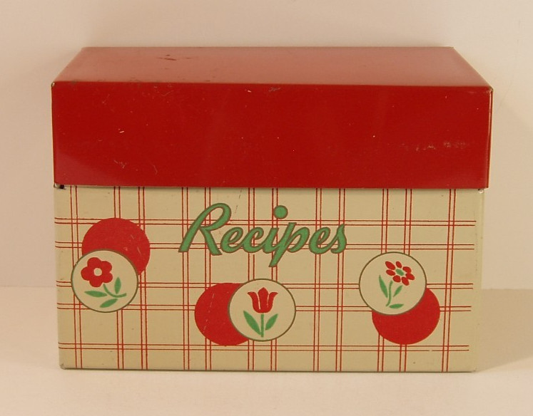 Rarer Vintage Tin Metal Recipe Box, Red Lid w/ Cream & Red Plaid Body, Lot #124 Rarer Vintage Tin Metal Recipe Box, Red Lid w/ Cream & Red Plaid Body, Lot #124