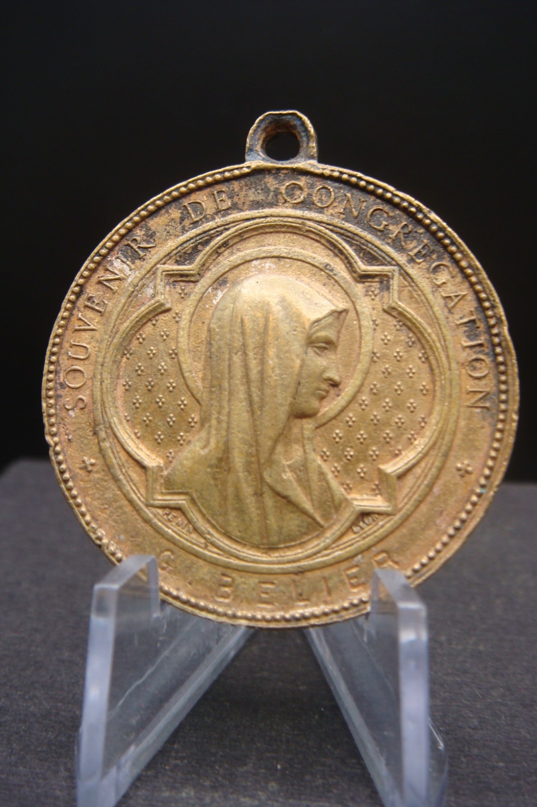Rare 1878 Antique Penin Lyon Religious Medal Virgin Mary IHS Crown of Thorns