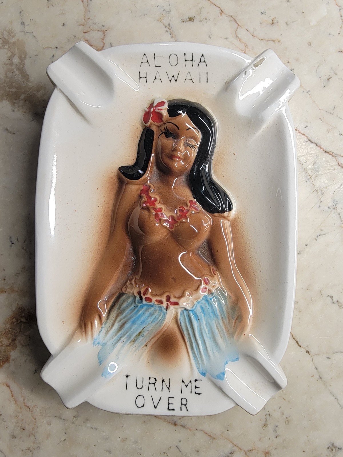 Vintage 1950s Turn Me Over Hula Girl Ceramic Ashtray Hawaii Risque Novelty