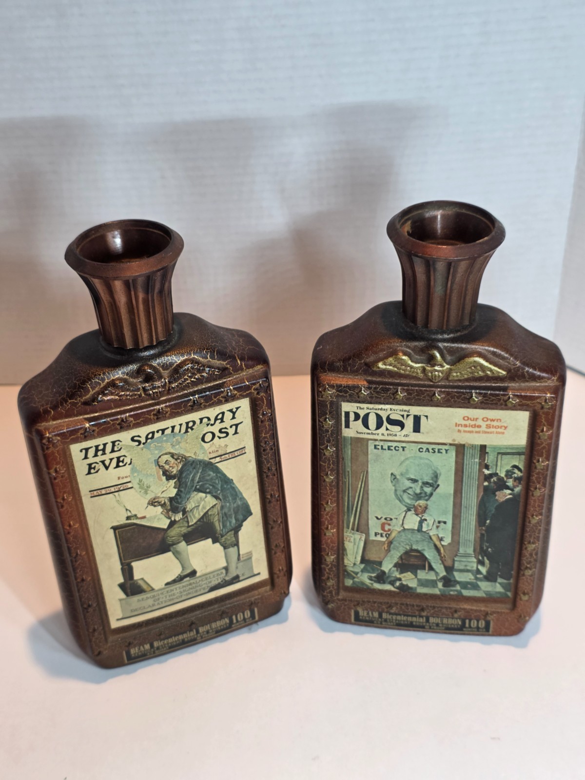2 VTG 1976 Jim Beam Bicentennial Bourbon Decanters Norman Rockwell Saturday Eve