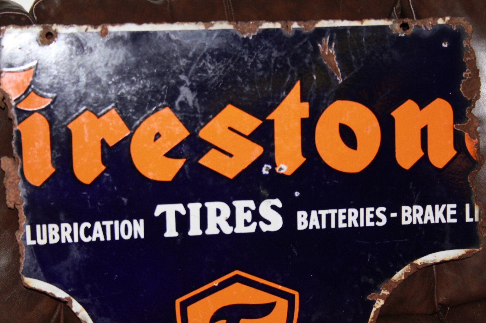 SCARCE 1930s  FIRESTONE TIRES DEALER 2-SIDED PORCELAIN SIGN SERVICE OIL GAS