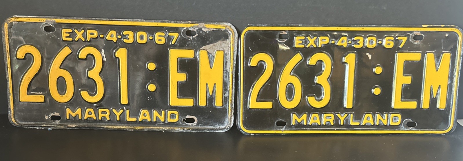 1967 Maryland License Plates Matched Pair