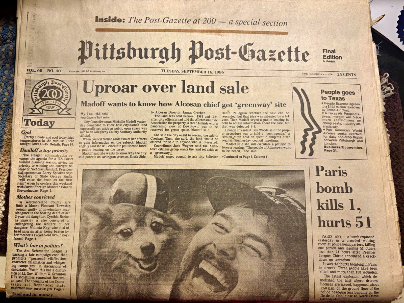 Pittsburgh Post-Gazette Newspaper Front Page Final Edition Sept 16, 1986