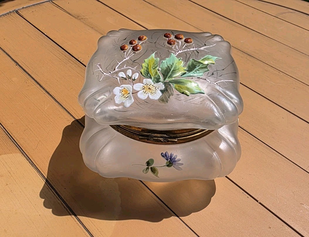 VTG, Antique Hand Enameled Frosted ArtGlass Jewelry Box 1900 BROKEN HINGE VTG, Antique Hand Enameled Frosted ArtGlass Jewelry Box 1900 BROKEN HINGE