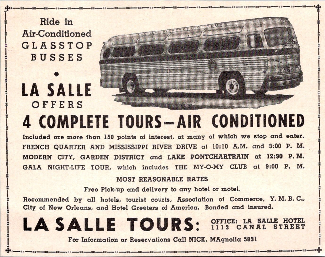 La Salle Tours Most Reasonable Rates Canal St 1957 New Orleans Ad TAK1-M23