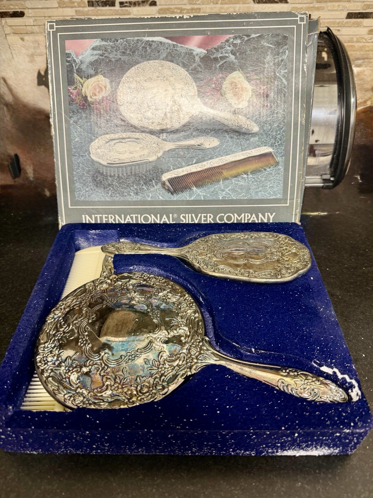 Ornate Silver Plated 3 Piece Dresser Vanity Set Hand Mirror Brush Comb NOS VTG Ornate Silver Plated 3 Piece Dresser Vanity Set Hand Mirror Brush Comb NOS VTG