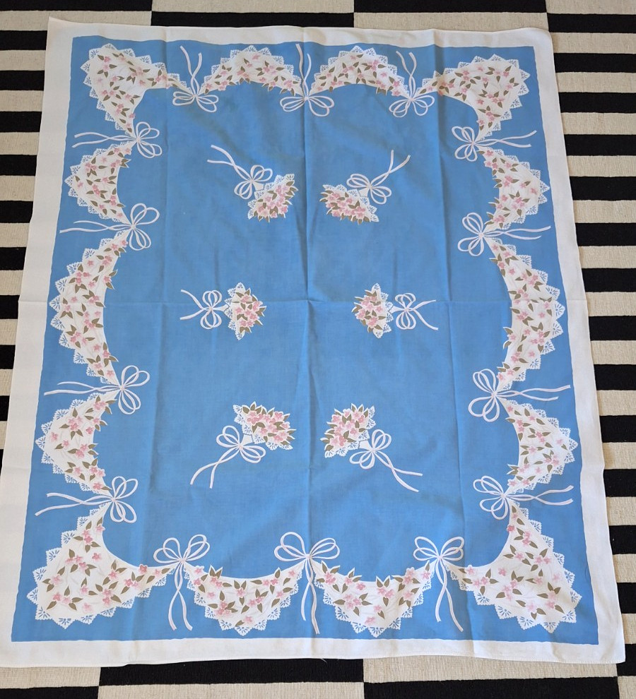 VTG 1950s BRIDAL BOUQUET 60x49 BLUE & PINK COTTON TABLECLOTH LACY RIBBON FLORAL