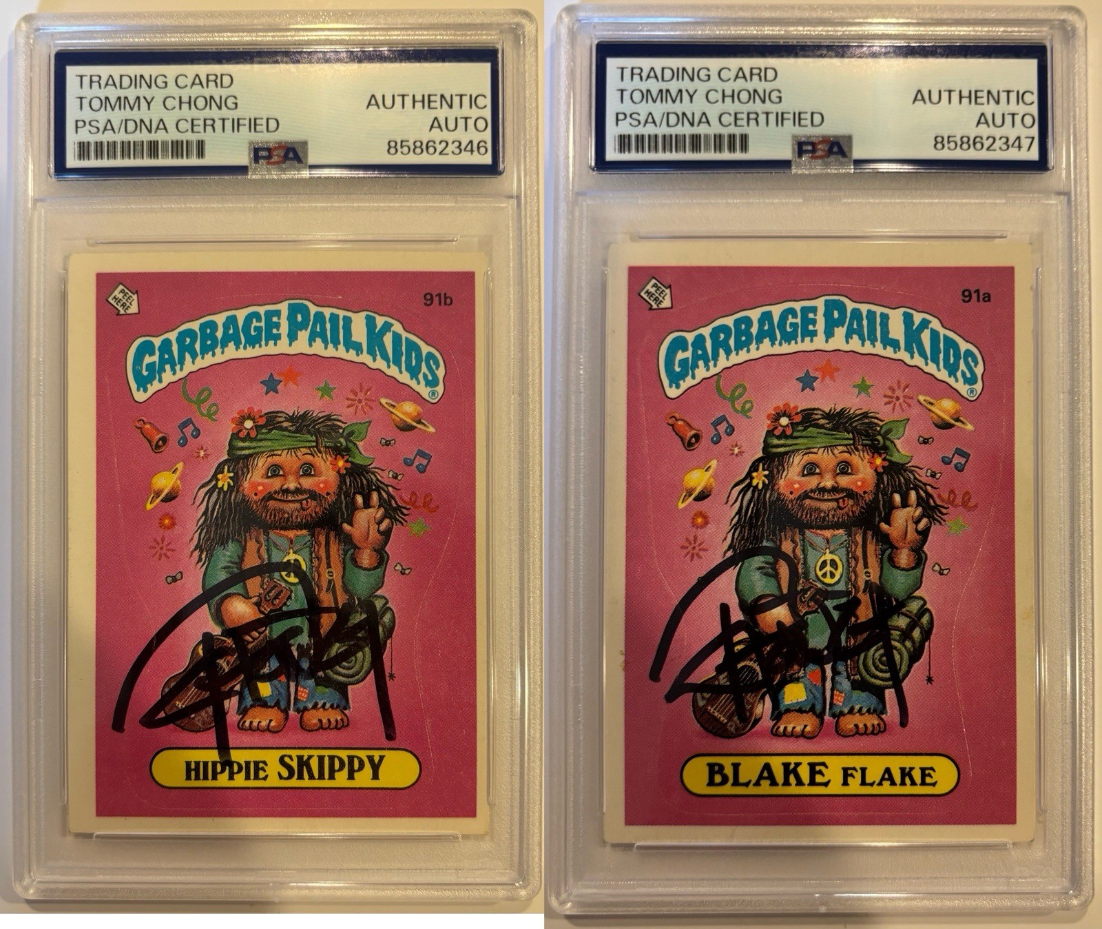 2* Tommy Chong Signed 1986 Topps GPK Hippie Skippy & Blake Flake PSA Auto RARE