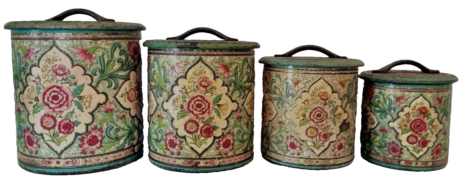 Vintage Daher Distressed Timeworn Tin Floral Canister Set Of 4 Farmhouse Decor