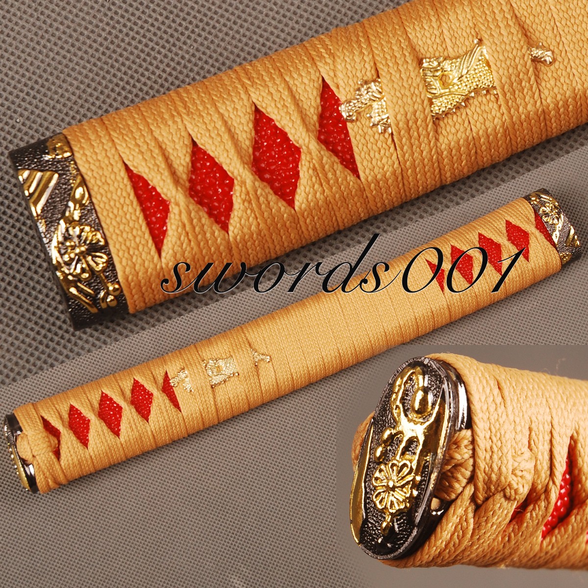 Red Imitated Rayskin Orange Ito Tsuka Alloy Menuki Kashira For Japanese Katana
