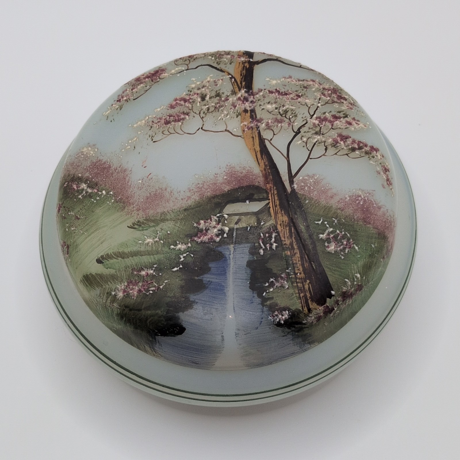 Vintage Clear Frosted Glass Hand Painted Landscape Scene Vanity Dresser Jar