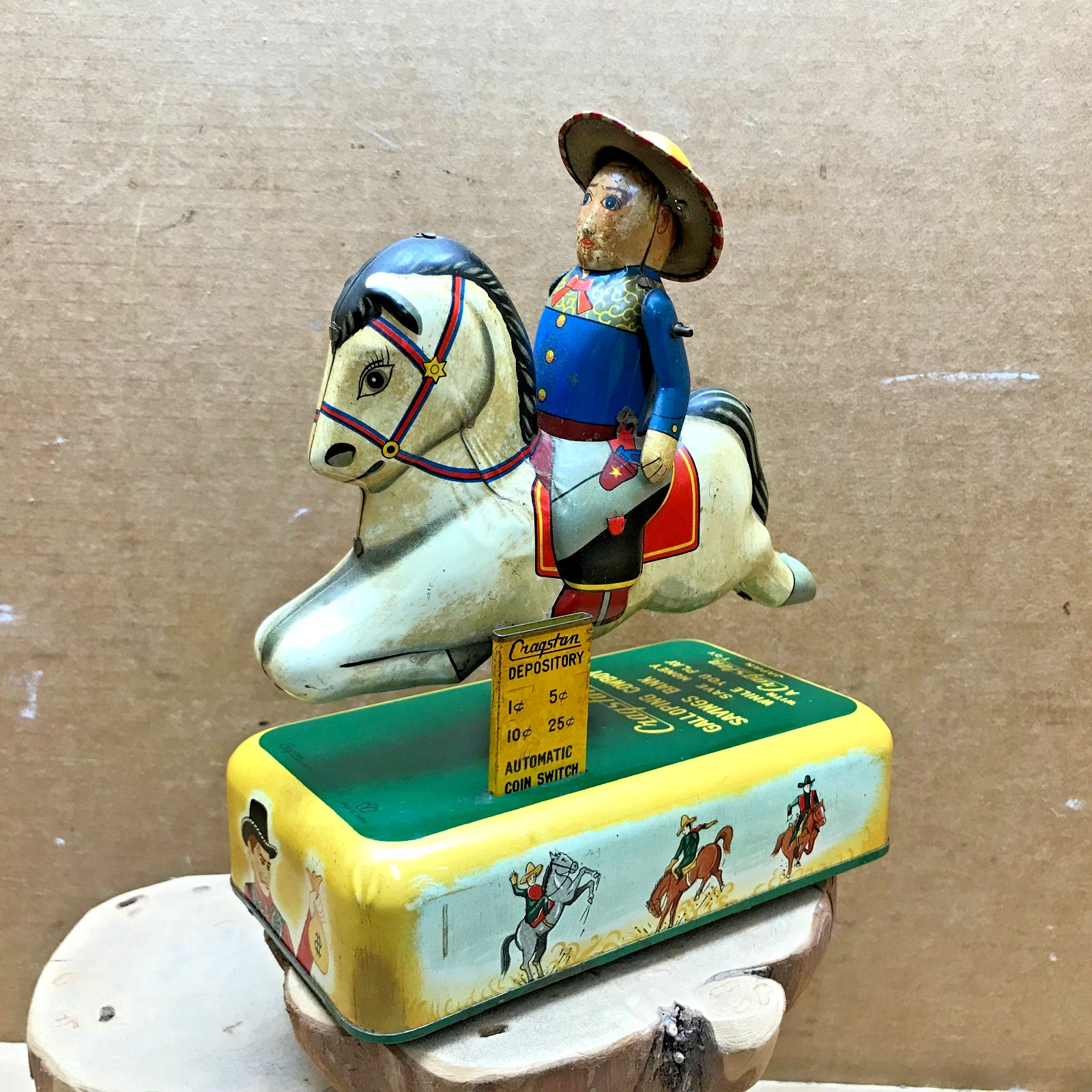 VINTAGE 1950\'S GALLOPING COWBOY SAVINGS BANK BATTERY OPERATED TIN TOY JAPAN RARE VINTAGE 1950\'S GALLOPING COWBOY SAVINGS BANK BATTERY OPERATED TIN TOY JAPAN RARE