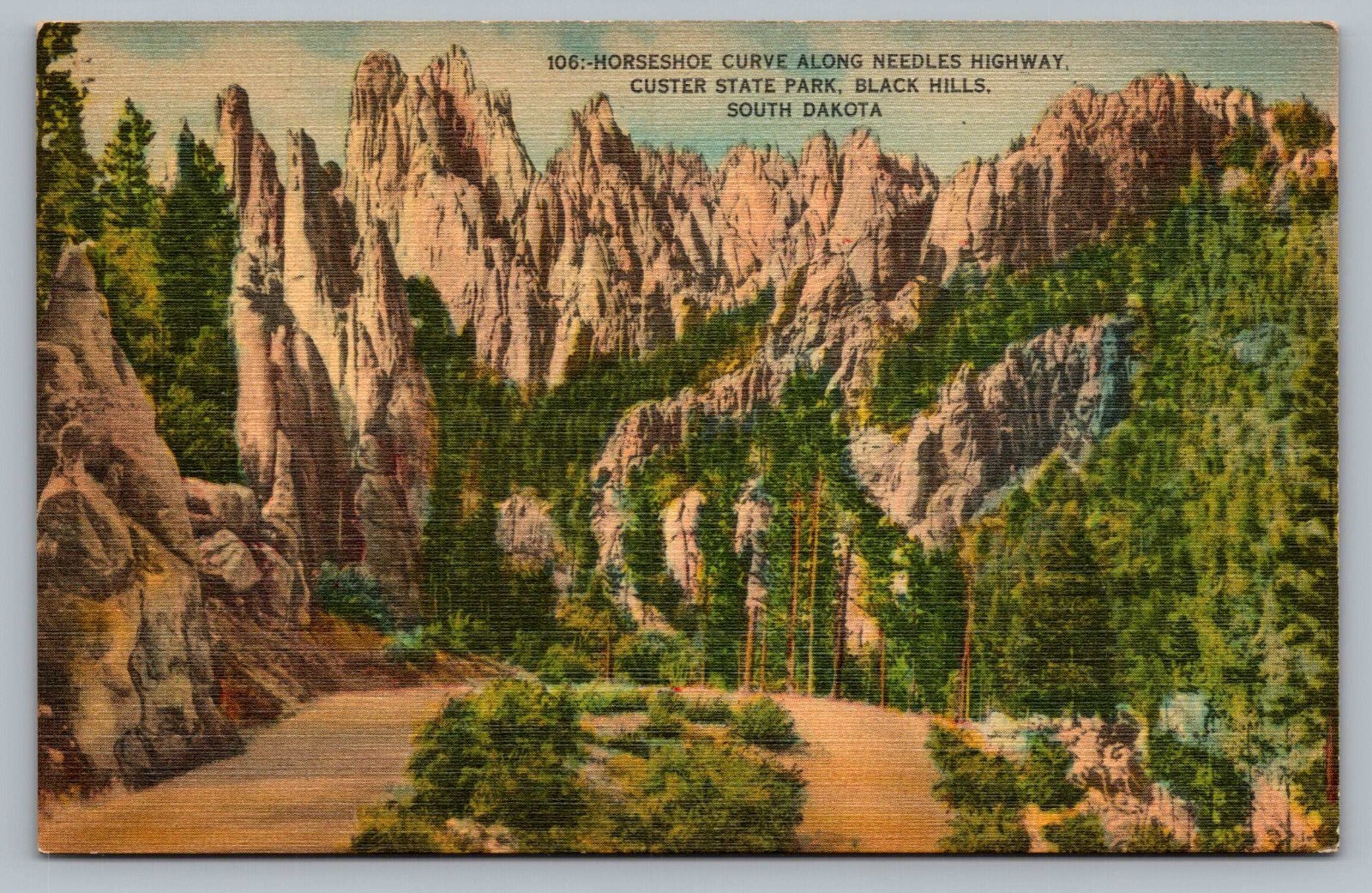 Black Hills SD Horseshoe Curve Needles Highway Custer State Park Postcard Vtg G9