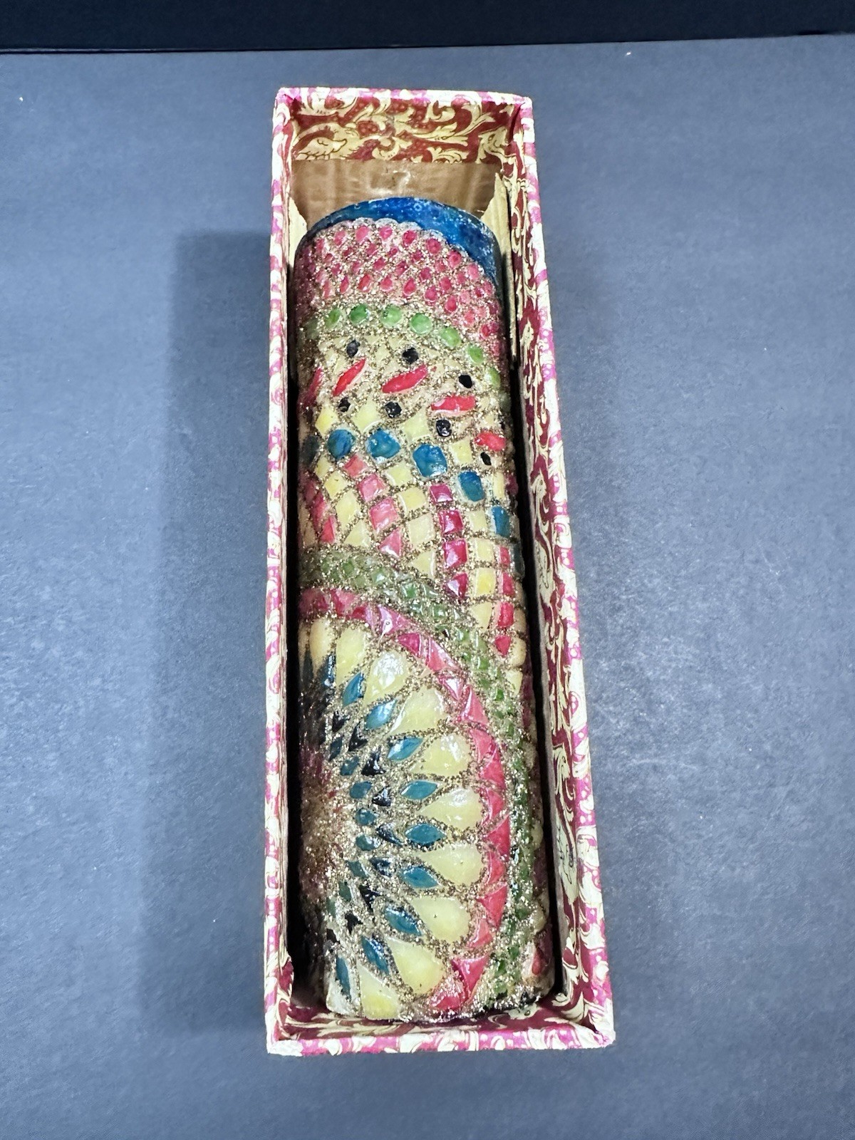 VINTAGE MID CENTURY ORNATE PILLAR CARVED CHRISTMAS CANDLE HANDMADE ITALY NEW NIB