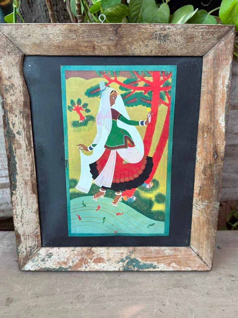 Vintage Indian Folk Art Painting Framed Wall Decor Handmade Tribal Artwork Rusti