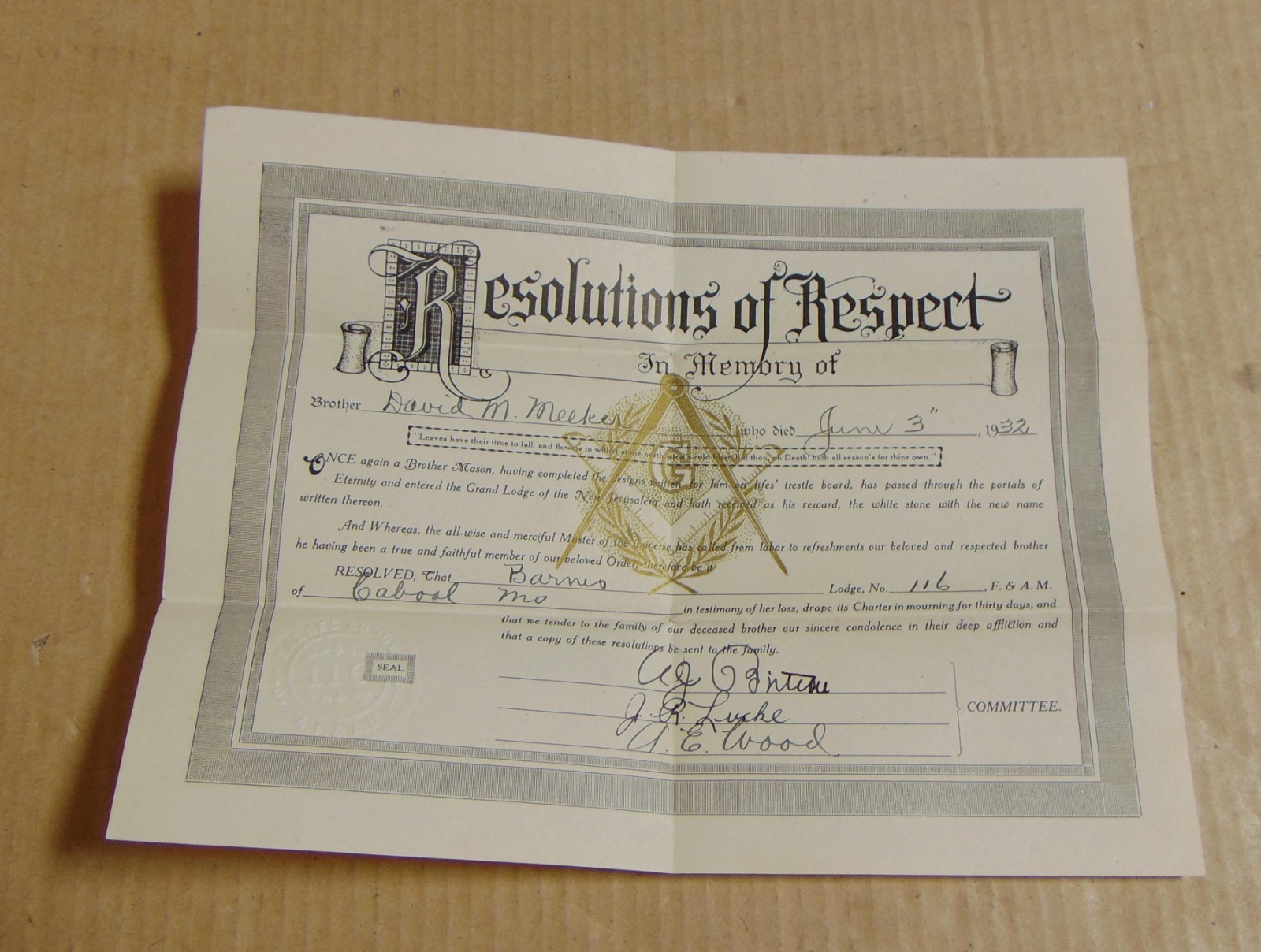 1932 Freemasons  Resolutions of Respect, Barnes lodge 116, Cabool Missouri
