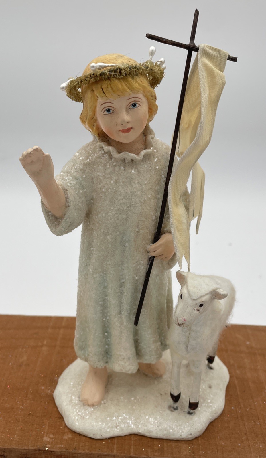 Vintage Bethany Lowe Designs Shepherd Lamb Staff Banner Halo Handpainted 6”x4”