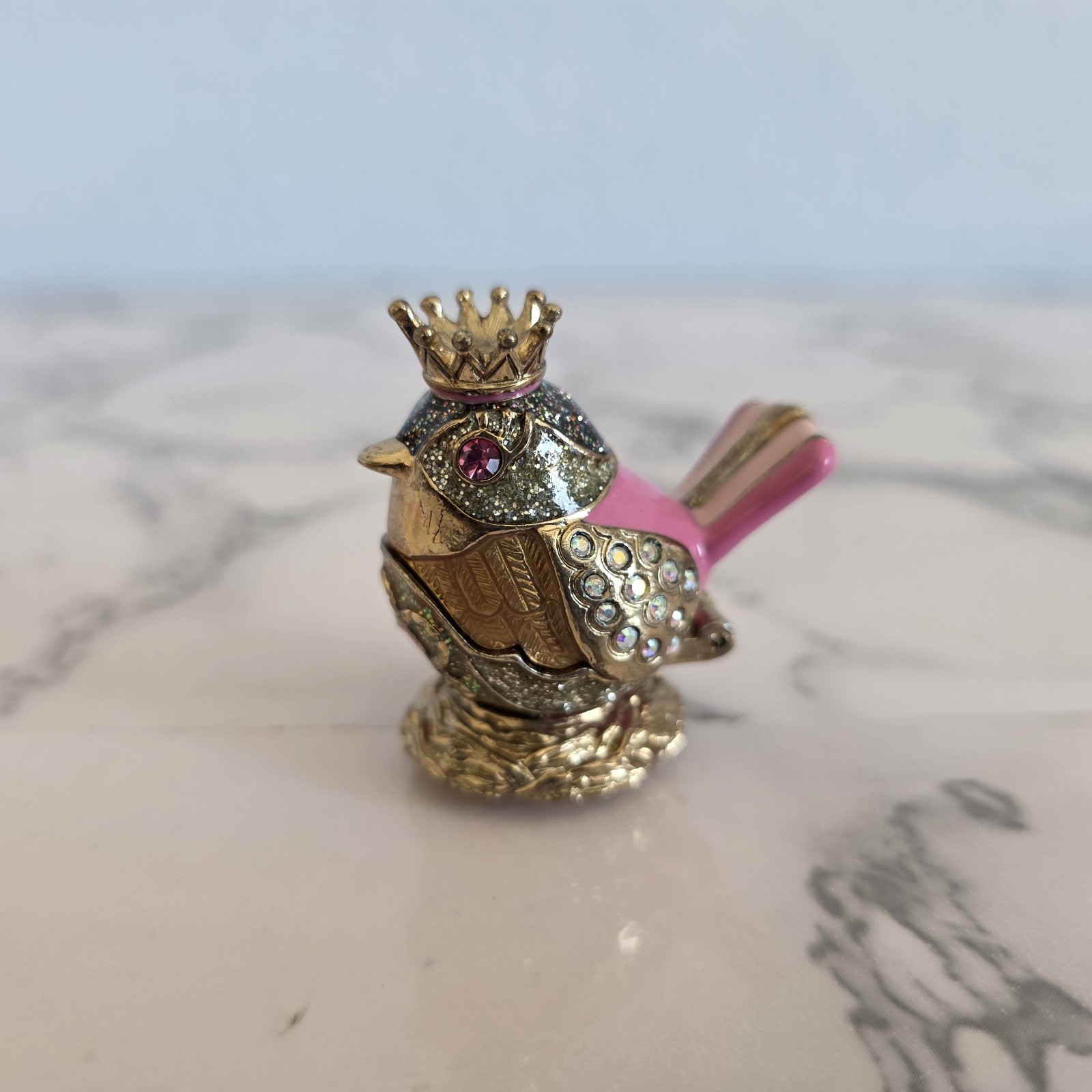 Vintage Betsey Johnson Gold-Tone Pink Bird Keepsake/Trinket Box